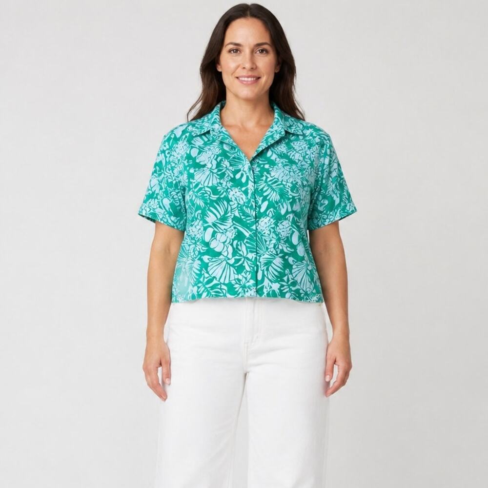Nicole Miller Size Extra Large 100% Linen Green Tropical Floral Cropped Blouse